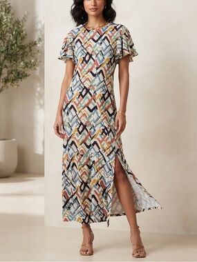 Sfera Geometric Chevron Flutter Sleeve Midi Dress Size XS Multicolor Slit❤️
